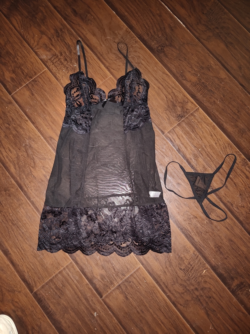 Sheer Lace Chemise Nightgown with Thong - Black